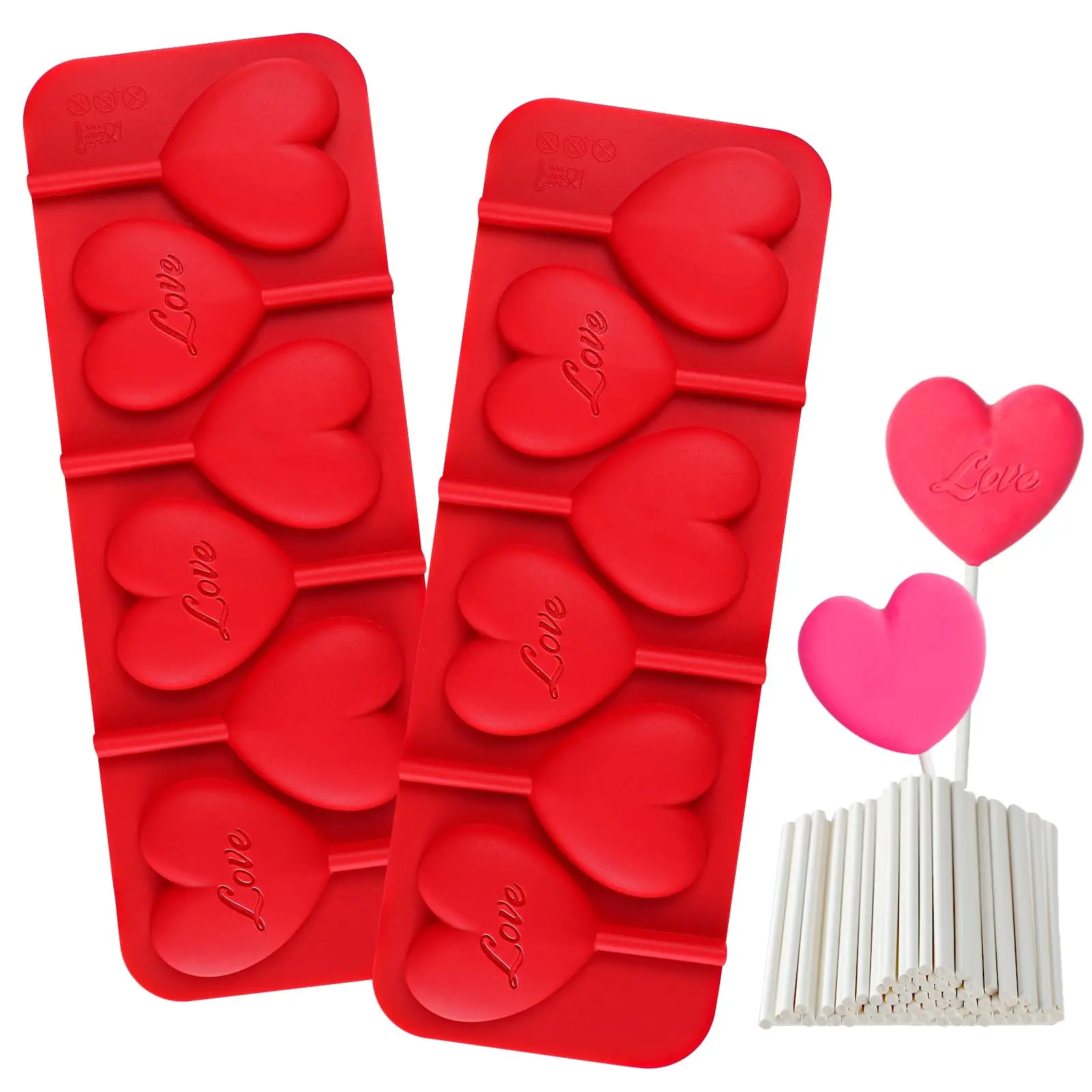 2 Pack Heart Lollipop Molds 6 Holes Heart Shaped Chocolate Candy Sucker Molds with Lollipop Sticks, Heart Silicone Molds for Chocolate, Candy, Cake Pop, Valentine's Day Cake Decorations