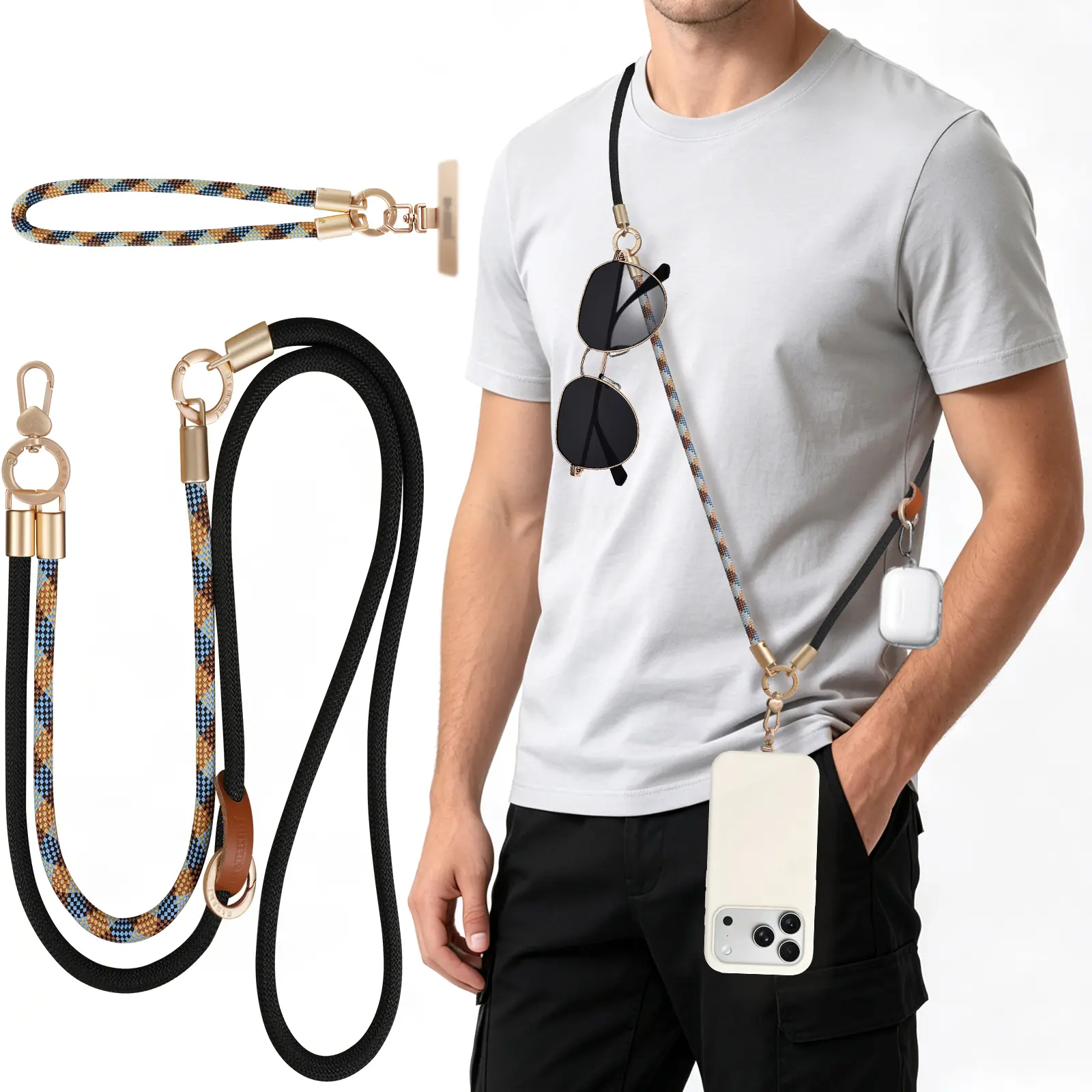 MEMUMI 3 in 1 Universal Phone Lanyard for Smartphones Stainless Steel Crossbody Strap for Cellphone, Neck Strap, Wrist Strap Anti-Theft Secure Lanyard