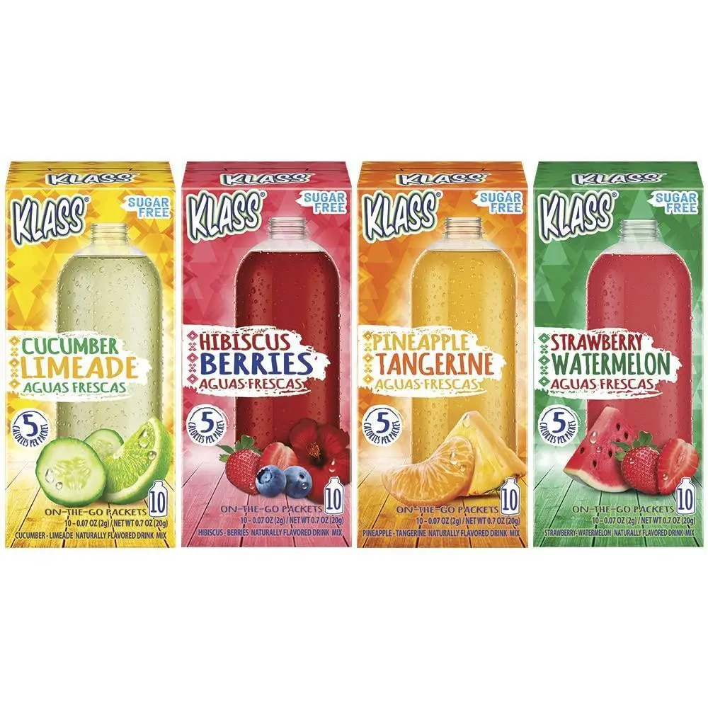 Klass Aguas Frescas Variety Pack, 1 box of Cucumber Limeade, Strawberry Watermelon, Hibiscus Berries, Pineapple Tangerine (40 Total On the Go Packets)