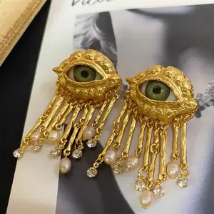 Retro Exaggerated Devil's Eye Sparkles Rhoditone Pearl Tassel Earrings for Women Luxury Fashion Jewelry
