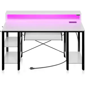 Computer Desk 47 inch with LED Lights & Power Outlets, Gaming Desk with Storage Shelves, Home Office Desk with Keyboar Tray