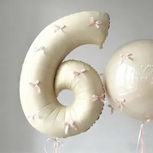 12pcs 32-Inch Opaque Number Balloons, Ribbon Bow Aluminum Foil Balloons, Birthday Decoration for Ages 0-9, Party Supplies
