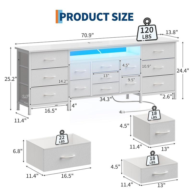 70 Inch Long Dresser with 13 Drawers, TV Stand for 65-80 Inch TV with Charging Station & LED Lights, Fabric Storage Organizer for Living Room, White