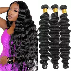 Gefily[14A]Brazilian Virgin Human Hair Loose Deep Wave Bundles 24 26 28 100% Unprocessed Human Hair Wavy Bundles Natural Color 14A Brazilian Hair Loose Deep Wave 3 Bundles for Women
