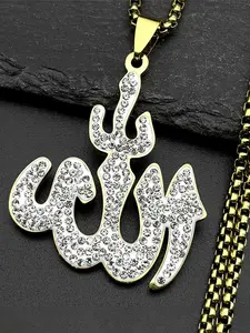 Arabic Allah God Pendant Necklace Faith Necklace for Men Women Stainless Steel Necklaces Gold Color Islamic Muslim Amulet Full Rhinestones Chain Islamic Jewelry Rhinestone Decorated Jewelry