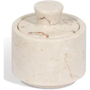 Beige Marble Salt Cellar with Lid 3.5oz - Scratch-resistant & Easy-to-clean Salt Container for Countertop, Elegant Versatile Marble Jar for Storing Salt, Sugar & Dry Spices, Compact Salt Dispenser