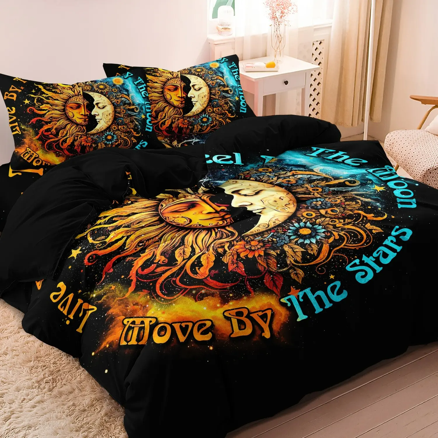 3pcs Duvet Cover Set - Decorative Duvet Cover - Star Moon Floral Letter - (1 * Duvet Cover+2 * Pillowcase，No Core) - HD Print For Home & Bedroom - Decorative Printed Bedding Set