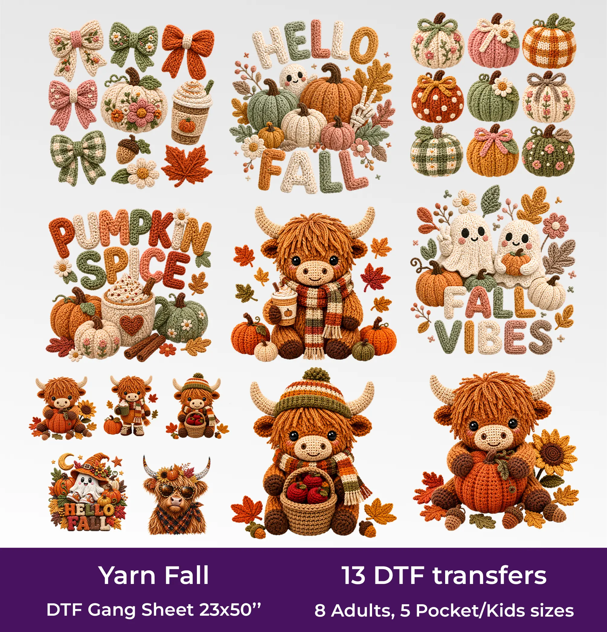 Faux Yarn Fall DTF Gang Sheet, 23x50 in. Cute Cows Heat transfers