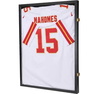Jersey Display Frame Case Lockable, Large Sport Jersey Shadow Box with 98% UV Protection Acrylic and Hanger for Baseball Basketball Football Soccer Hockey Shirt and Uniform,Black Glass Metal Wooden Wood Gift Hanging