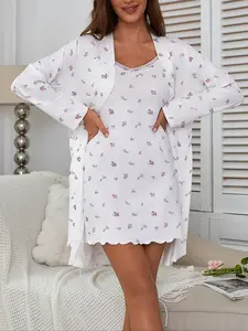 Women's Floral Print Robe Set with Lace Strap Dress, Elegant Comfortable Sleepwear, Fashion Sleepwear, Casual Home Wear, All Seasons, Fitted Style