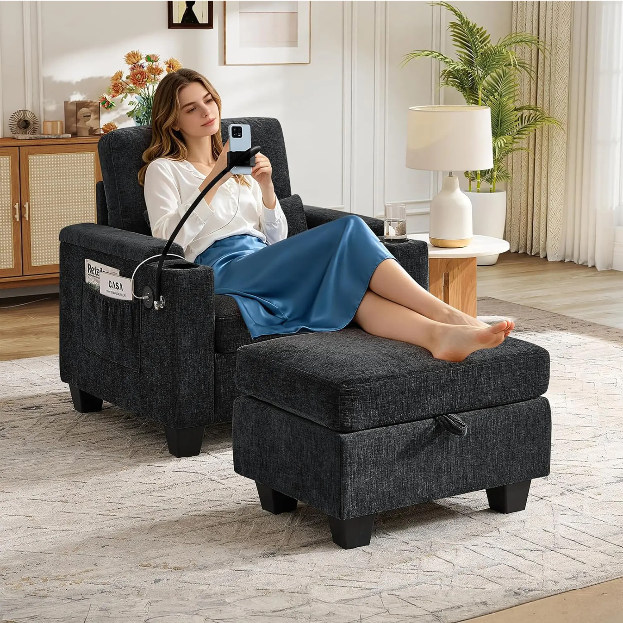 Chaise Lounge Chair Indoor with USB Port&Phone Holder,Chenille Recliner Small Sofa Chair with Storage Ottoman,Adjustable Backrest&Cup Holder,Convertible Sleeper Couch Bed for Living Room(37"W, Black)