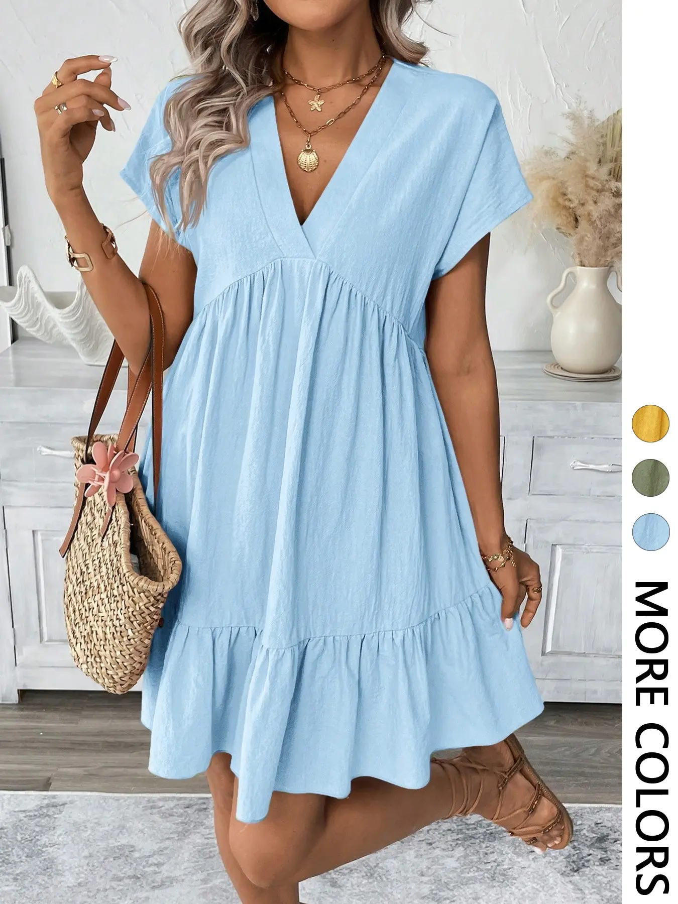 Women's Casual Wear Loose Short Dress, V Neck Short Sleeve Ruffle Lightweight Cotton Sundress, Comfortable Summer, Chic Trendy Ladies Fashion