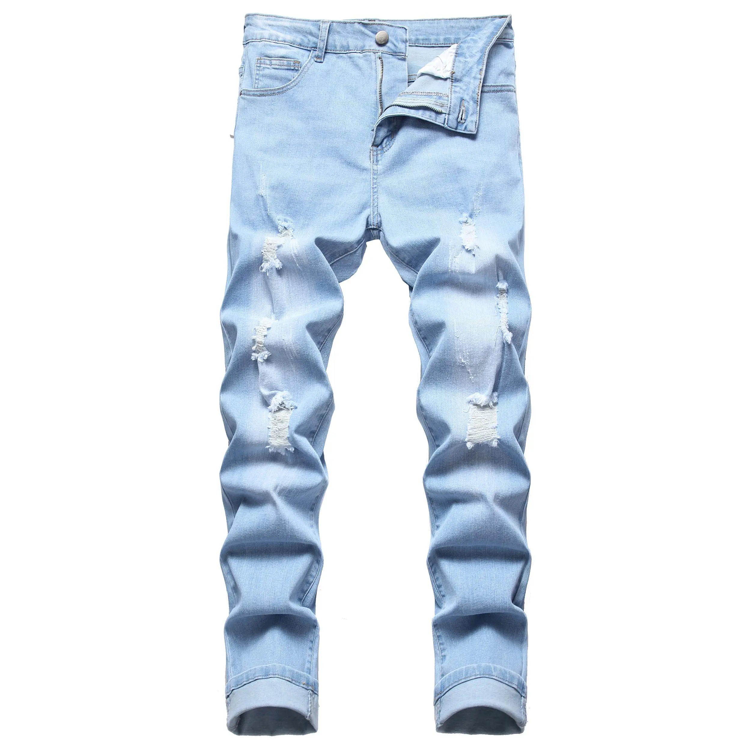 Men's Slim Straight Ripped Jeans, Casual Streetwear Style Stretch Cotton Denim Pants with 5 Pockets, Menswear