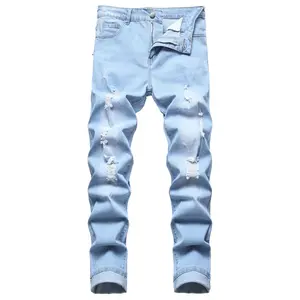 Men's stretch ripped jeans Blue stylish comfort pants slim  jeans Men's Fashion straight leg skinny slim