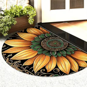 Retro Style Semi Circular Floor Mat featuring a Dragonfly and Sunflower Pattern An Entryway and Hallway Dust Catcher Mat Non slip  stain resistant and easy to maintain versatile for use in various settings including kitchens entryways and hallways
