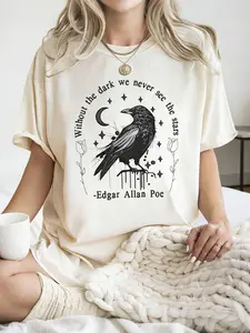 Cream Oversized "Edgar Allan Poe Raven" Graphic Tee - 2026 Trending Dark Academia Wear, Soft Cotton Fabric Perfect for Bookstore Visits & Literary Nights, Bold Raven Print That Stands Out