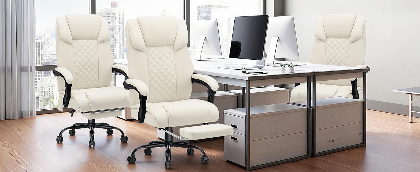 HOFFREE 7 Points Vibration Massage Office Chair with Heat Ergonomic Executive Office Chair with Footrest Reclining Home Office Desk Chairs Beige