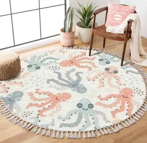 Round Boho Rug Lovely Laughing Octopus Seamless Pastel Colours sea Creatures Area Linen Carpet Patio Hallway Runner Mat Pad Minimalist Home Decor for Living Room Outdoor, Multi Color, 4 ft