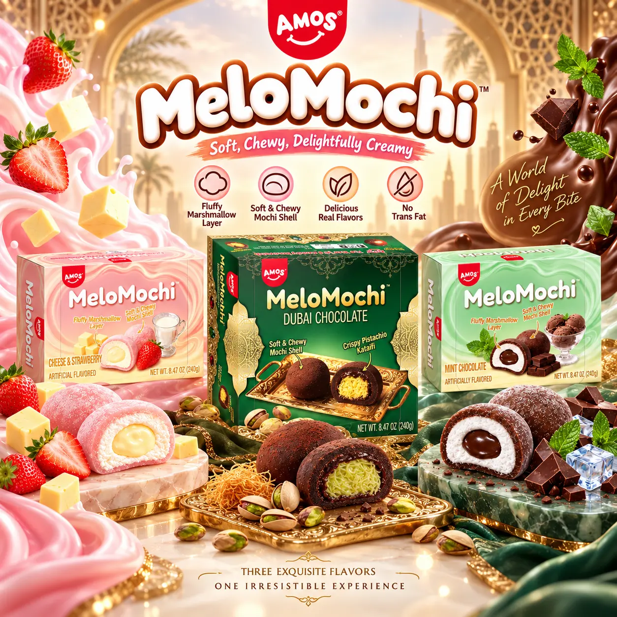 AMOS MeloMochi Variety Pack, 3 Flavors: Dubai Chocolate, Cheese & Strawberry, Mint Chocolate, Soft & Chewy Mochi Candy with Fluffy Marshmallow Layer, 3 Boxes, 240g Each