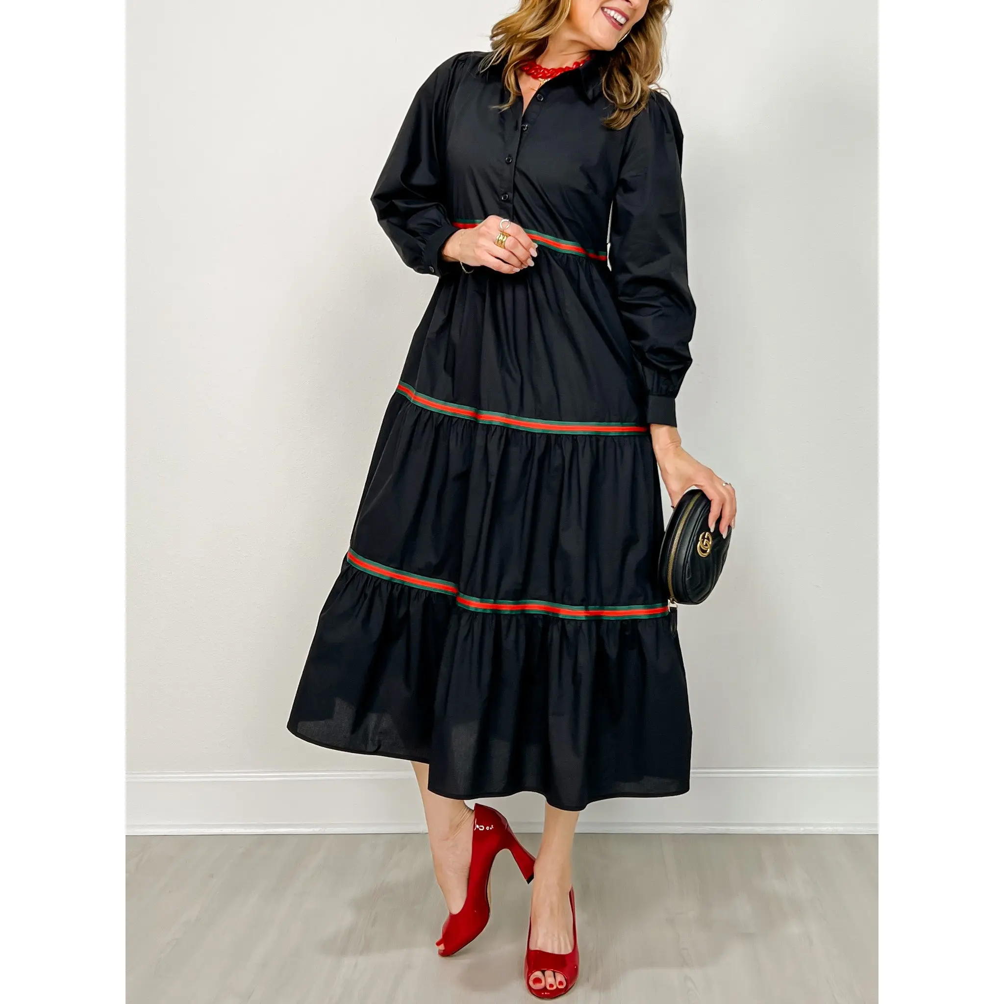 Long Sleeve Tiered Midi Dress with Stripe Tape Trim Accents