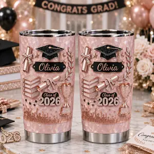 Personalized Pink Graduation Tumbler Class of 2026, Rose Gold Graduate Tumbler Gift, Faux 3D Effect, Senior Graduation Gift for Her