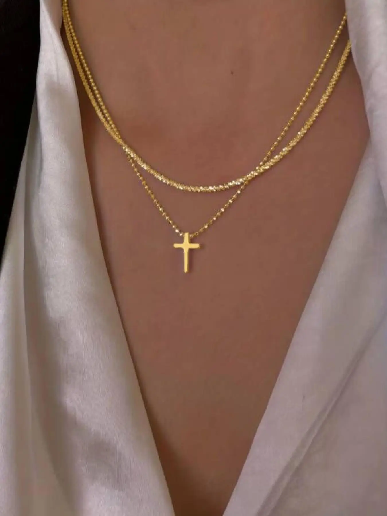 2pcs/set Women's Simple Rhinestone Cross Design Pendant Chain Necklace, Casual Matching Jewelry for Party, Daily Clothing Decor