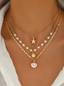 Women's Pearl Necklace Set, Simple Starfish Shell Pendant Design, Perfect Gift for Women & Girls, Elegant Jewelry Collection, Necklets, Dainty Pearl Necklace