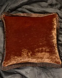 Silk Velvet Fringed Cushion in Cognac