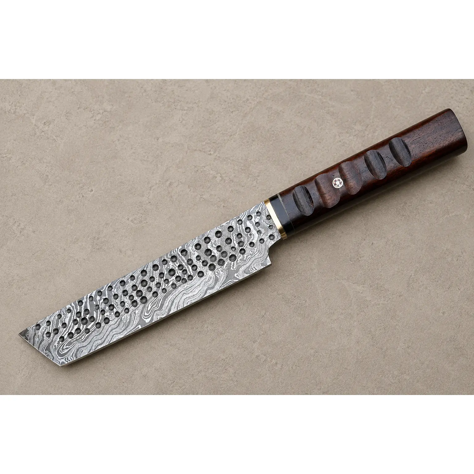 Frostwood Damascus Tanto Chef Knife – 512 Layer Hand Forged Kitchen Knife with Frost Wood Handle, Brass Guard