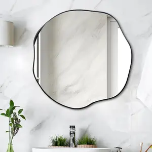 Irregular Mirror, 25" Scalloped Round Mirror, Asymmetrical Circle Mirrors, Black Waved Decorative Mirrors for Living Room Bathroom Bedroom Entryway Fireplace
