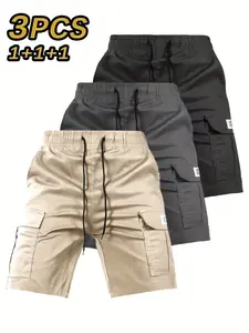 3 Pack Men's Solid Color Cargo Shorts with Flap Pockets, Lightweight Relaxed Outdoor Shorts for Work, Hiking, and Camping