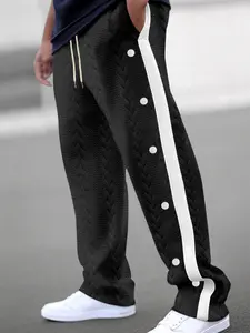 Men's Colorblock Striped Button Sporty Long Pants, Casual Outdoor Essential, Perfect Fit for Everyday Wear & Active Lifestyle, Gym Workout Clothes, Casual Sporty Trousers, Sports Casual Pants, Workout Bottoms