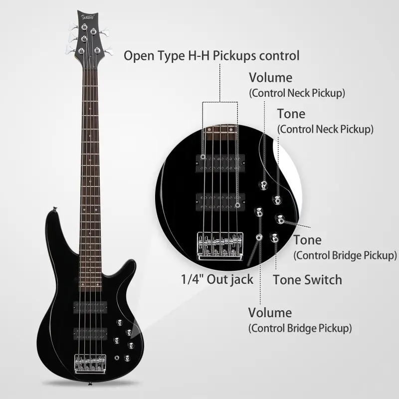 44-Inch Right-Handed 5-String HH Pickups Electric Bass Guitar - Basswood Body, Brazilian Laurel Wood Fingerboard, 24 Frets, Adjustable Bridge, 1 x Bass, 1/4" Jack, 11.44Lb / 5.2Kg, Gig Bag, Full Accessories, Professional Stage/Studio Instrument, Full Kit