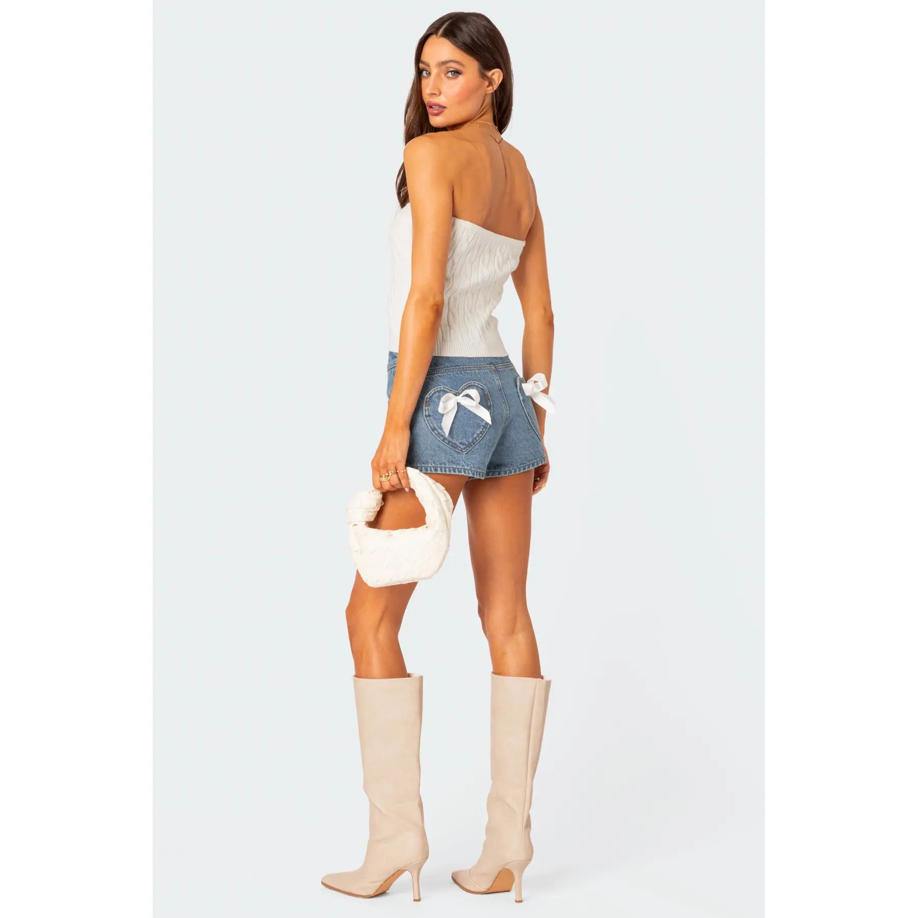 Bow Pocket Washed Denim Shorts