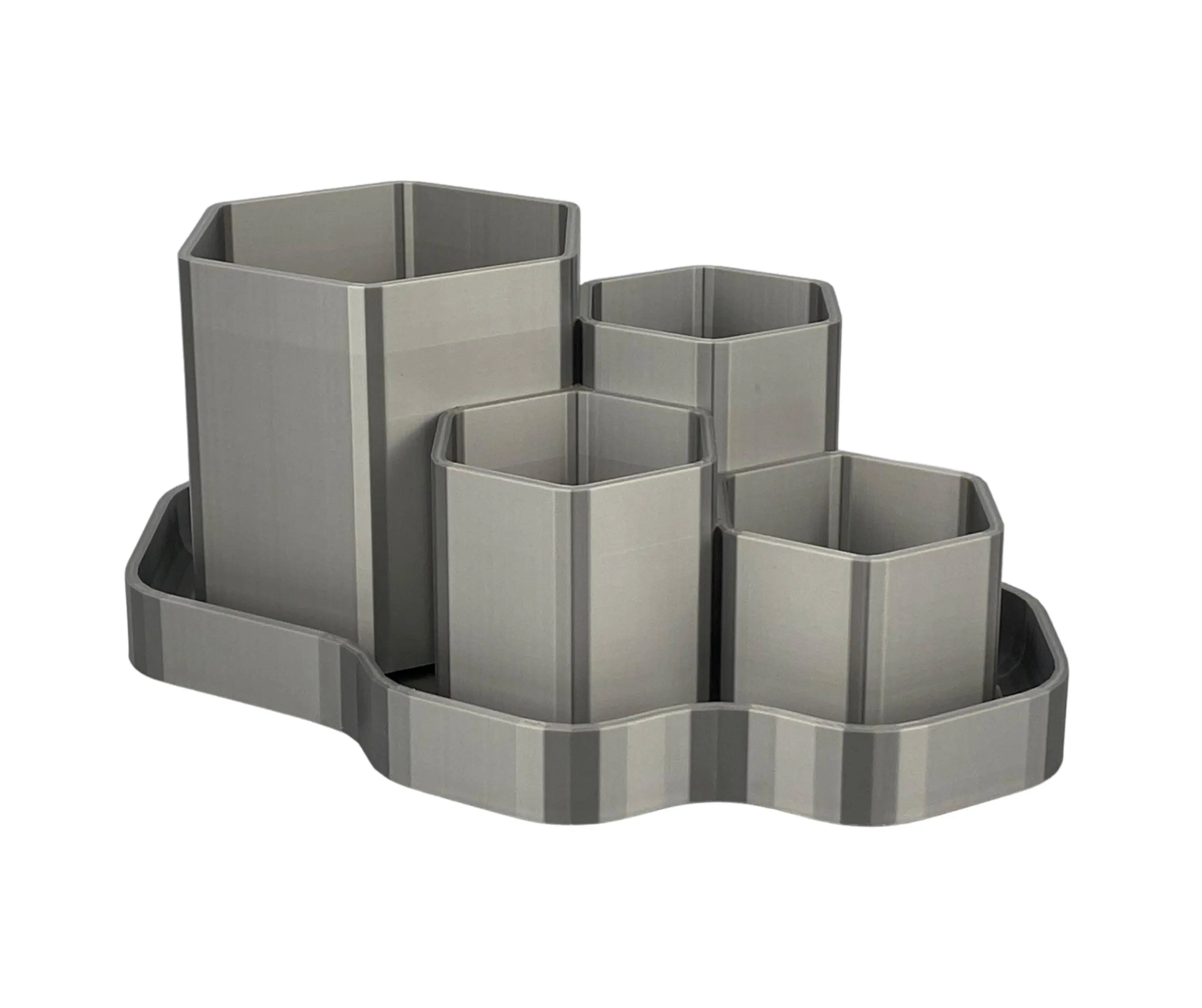 QuadraHex Planter: 4-Chamber 3D Printed Succulent Pot with Tray in Metallic Silver