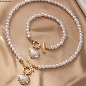 Trendy Rhinestone Heart Jewelry Set for Women, Elegant Baroque Pearl Bracelet & Dainty Choker Necklace, Minimalist Stylish Design, Perfect for Daily Wear, Parties & Gift Giving