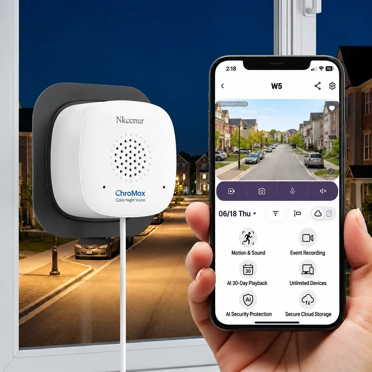 NKccnur  Window Security Camera 3MP 2K, Indoor WiFi Cameras 2.4GHz/5GHz with Colorvue AI Color Night Vision, Motion & Person Detection with Auto-Focus , Easy Installation, 24/7 Recording Works with Alexa & Google Home