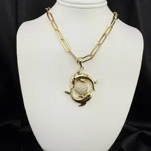 Paper clip chain with dolphins pendant small heart with zircon 18 inches long