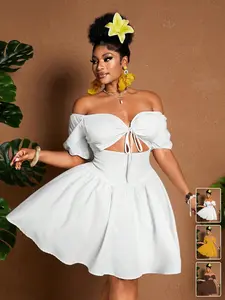 Plus Size Strapless Mini Dress, Designed for Plus Size Pear Shape, Front Placket, Waist Cinch, Fluffy Short Sleeves, A-Line Skirt, Perfect for Beach, Parties