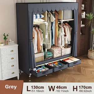 Portable Large Armoire Wardrobe Closet with 3 Drawers and 3 Hanging Rods,Adjustable Freestanding Wardrobe Organizer for Hanging Clothes,Grey Cover, 51 in Width