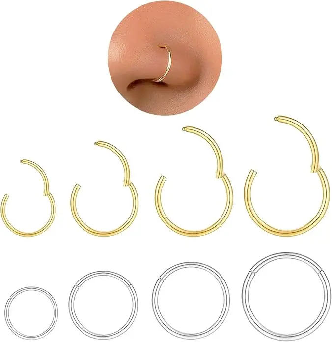 8-Piece 18G Surgical Steel Nose Hoops, Minimalist Hinged Clicker Septum Rings for Unisex Wear, Hypoallergenic Piercing Jewelry in Stepped Sizes 6-12mm, Gold & Silver Set, Mother's Day Gift