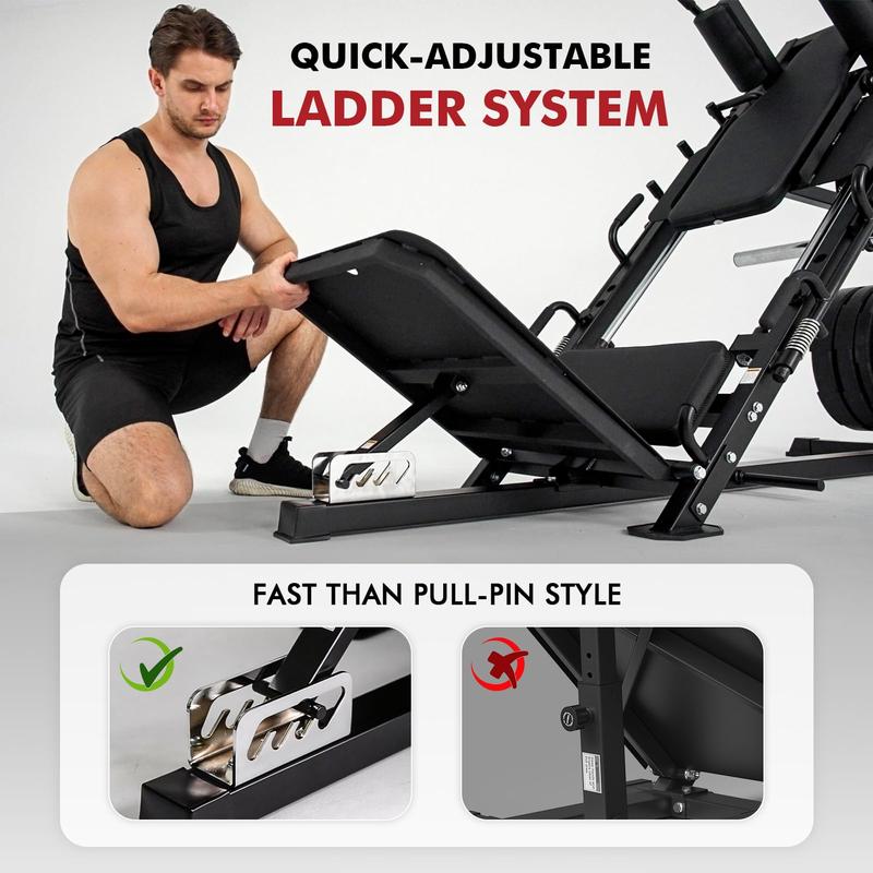 Leg Press & Hack Squat Machine Combo for Home Gym with Linear Bearings & Band Pegs Full-Range Leg Training Equipment 3-Angle Footplate 24.4"x13.8" Platform