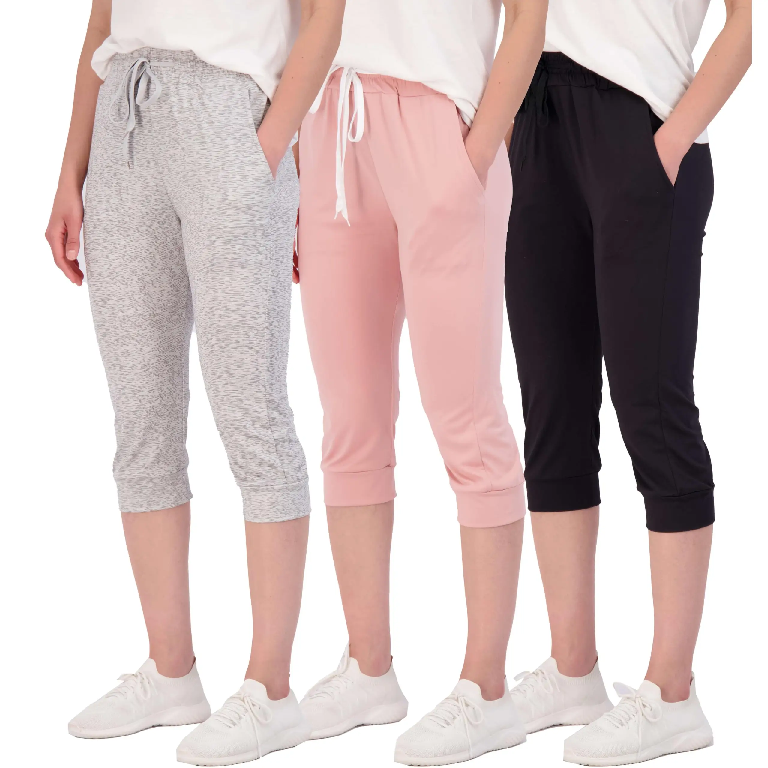 Real Essentials 3-Pack: Women's Capri Joggers Cuffed Athletic Casual Soft Sweatp...