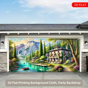 2D Flat, 1pc Large Lakeside Villa Mural Wallpaper-Style Backdrop Cloth - Realistic 2D Printed Turquoise Lake & Mountain Landscape with Boats, 71x157 Inch -Like Peel & Stick Large Wall Tapestry for Weddings, Parties, //Entrance, 2D Flat