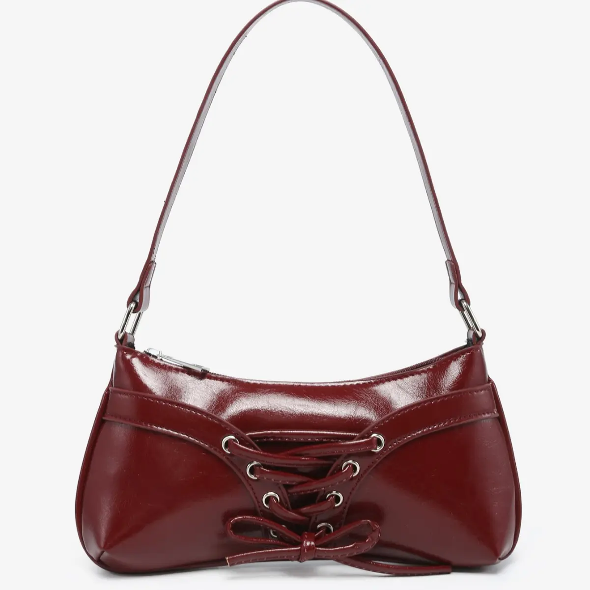 バッグ 2000s Drape leather shoulder bag Y2K Style Shiny Black Shoulder Bag – Lace-Up Corset Detail