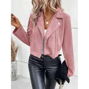 Women's Spring/Autumn Jacket: Lapel Collar, Long Sleeve, Zipper (Casual) long sleeve top fabric fit Pink Womenswear