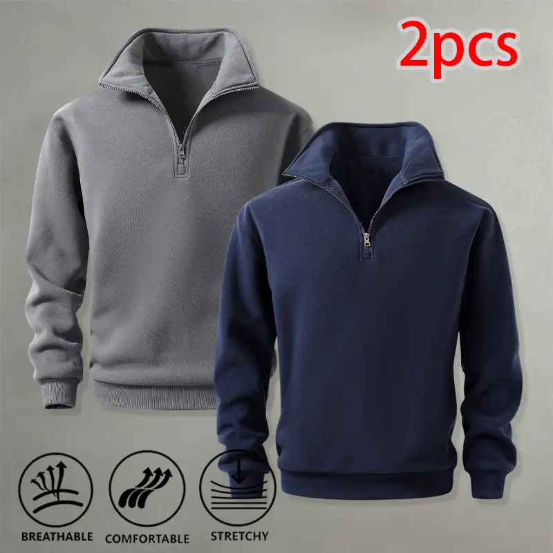 Men's Unisex 2-Piece Quarter-Zip Sweatshirts, Solid Color Long-Sleeve Pullovers, Casual Streetwear Everyday Tops
