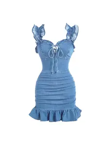 Women's U Neck Halter Denim Bodycon Dress with Ruffle Hem, Summer Casual Tight Fit, Split Design, Perfect for Daily Wear