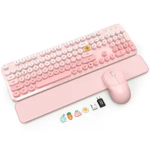 SABLUTE CK23 plus Wireless Keyboard and Mouse Combo, Magnetic Soft-Touch Wrist Rest, Round Keycaps, Full-Size Retro Typewriter Keyboard, 2-Stage Tilt Legs, Auto Sleep, 2.4GHz Cordless for Windows PC, Blush Pink Ombre
