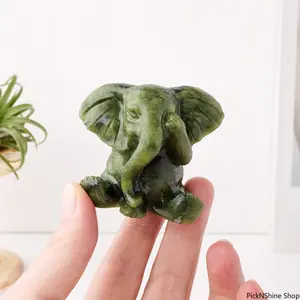 1pc Natural Green Jade Elephant Statue: Hand-Carved with Reiki Energy – Serene Home Decor & Healing Crystal Figurine